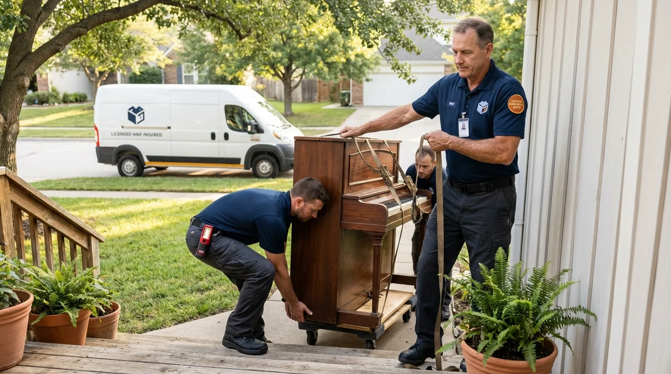 Licensed piano movers securing grand piano in Greenville, AL