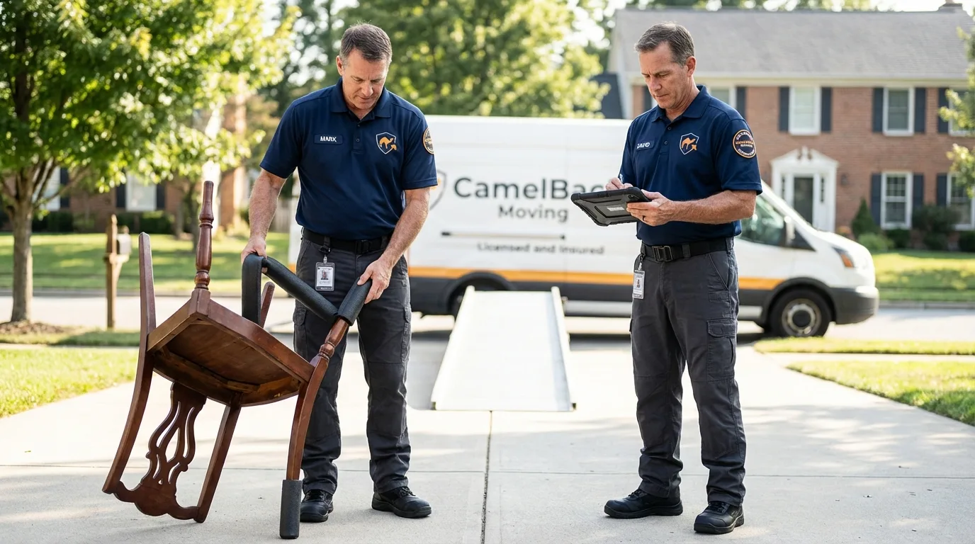 Movers inspecting furniture for damage prevention before loading in Greenville, AL