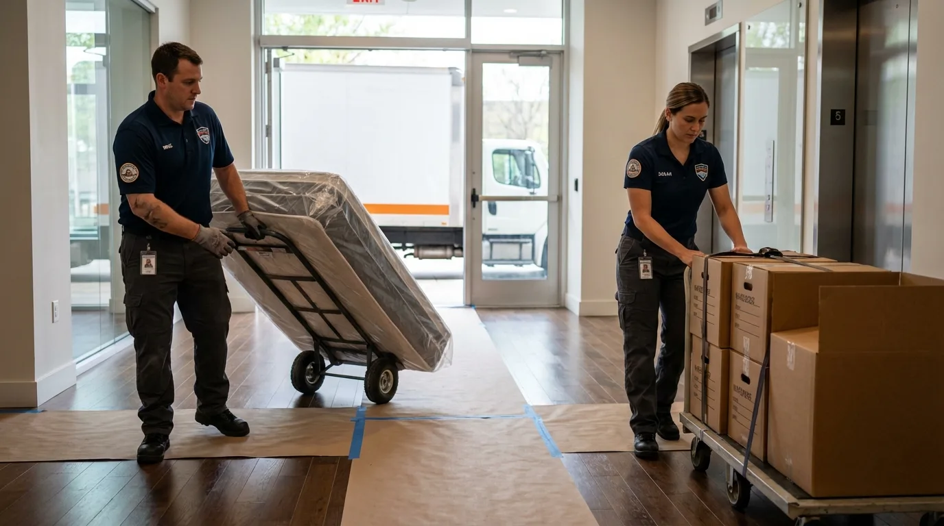 Professional apartment movers loading elevator in Greenville, AL
